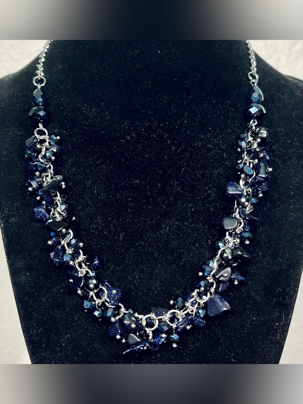 Vintage Navy Blue Bead and Chip Cluster Necklace